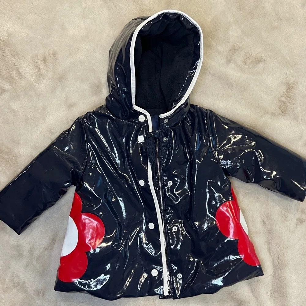 Jacadi Toddler Girl Raincoat Floral Fleece Lined Navy Blue 18M